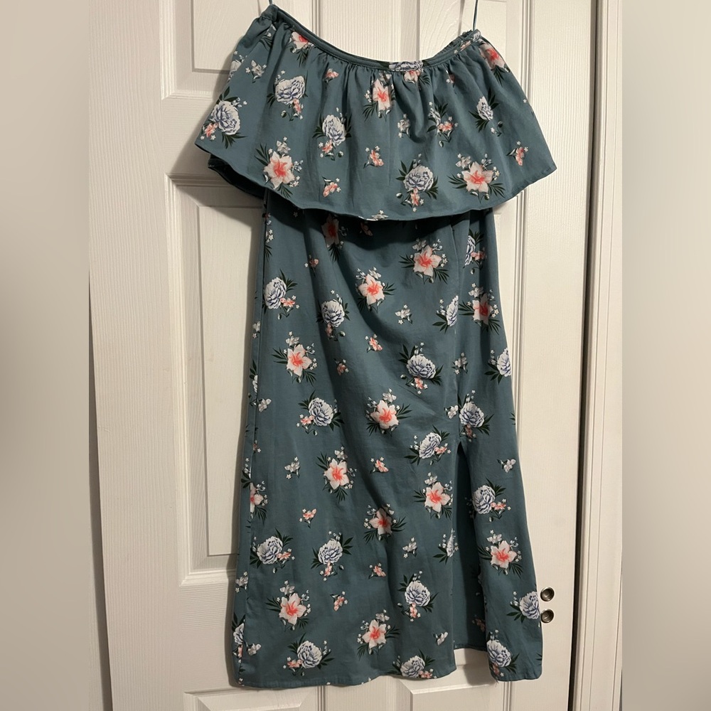 O’Neill ~ Green Floral Strapless Dress Front Side Slit Women’s Size Medium - Picture 2 of 5
